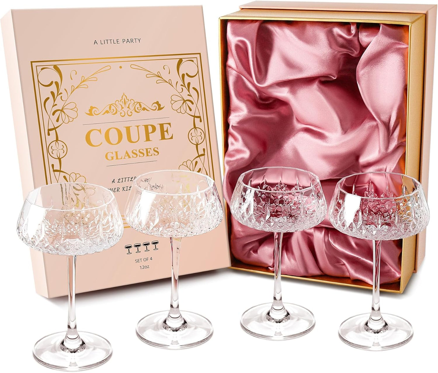 VIMERPA Coupe Glasses, Martini Glasses Set of 4, Vintage Champagne Coupe Glasses, 8oz Large Martini Glass, Crystal Retro Style Cocktail Glass for Elegant Bar Drinks, Vintage Art Deco Glassware