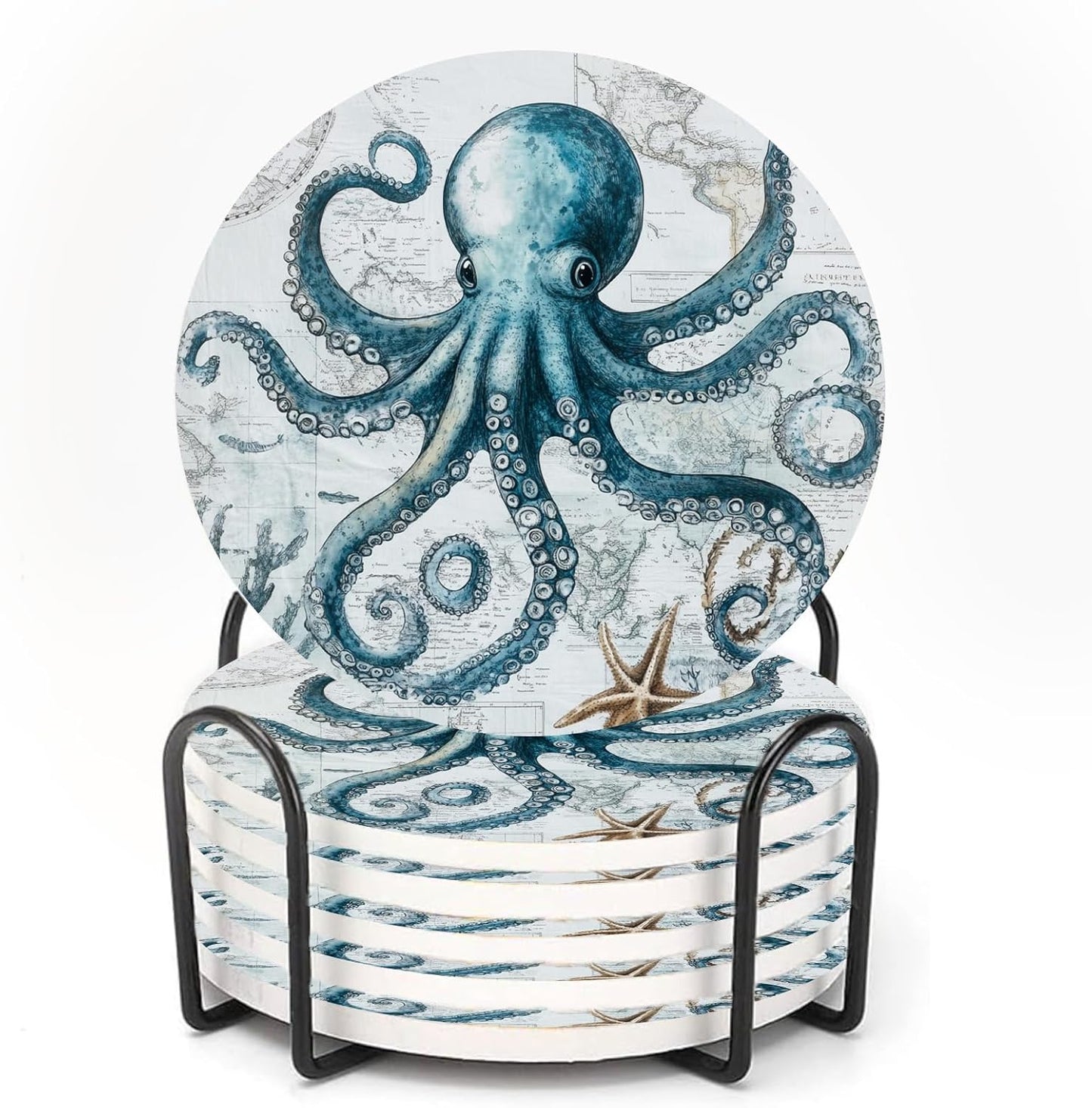 Unique Octopus World Map Nautical Coasters for Drinks Set of 6, Round Absorbent Ceramic Stone Coaster with Metal Holder and Cork Base for Coffee Table Parties Desk Kitchen Home Decor Gifts