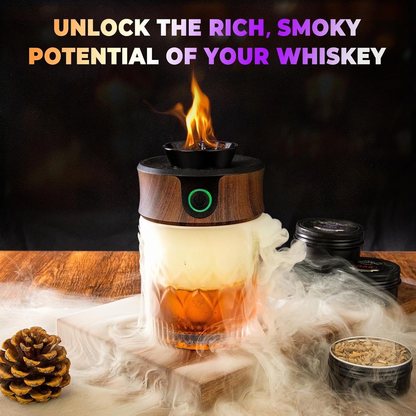 Electric Whiskey Smoker Kit with Torch, Home Bar Gift for Whiskey Lover, 6 Wood Chips – Infuse Rich Smoky Flavors in Bourbon Old Fashioned & Cocktails, Birthday Gifts for Him, Husband (Without Butane)