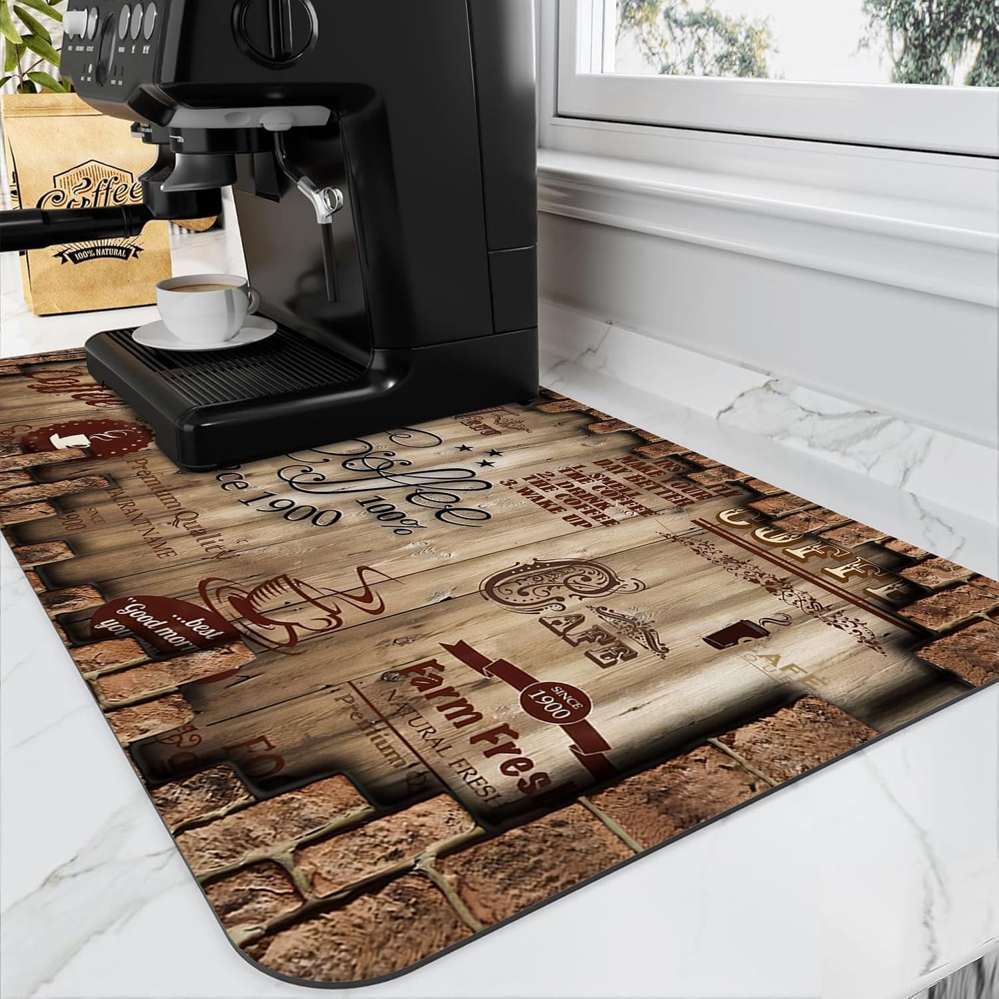 Absorbent Coffee Bar Mat for Espresso Machine Countertops - Rubber Backed Draining Pad - Fit Under Coffee Maker - 20x12in