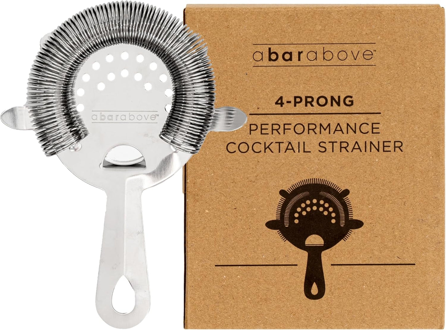 A Bar Above Cocktail Strainer, 4-Prong Bar Strainer with High Density Spring for Smooth Pouring, Fits Boston Shaker Tins and Mixing Glasses, Bar Essentials for Home Bartenders and Pros, Silver Finish