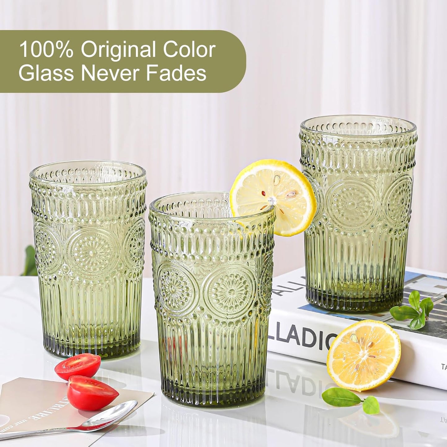 ZMOWIPDL Vintage Glassware Drinking Glasses Set of 6,13 oz Green Textured Flower Design Glass Water Tumblers，Embossed Striped Drinkware for Water,Cocktails,Juice,Iced Coffee
