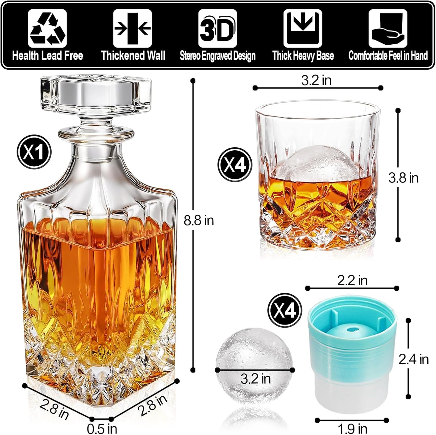 Whiskey Decanter Set for Men, 4*Crystal Whiskey Glasses(Get 4 Silicone Ice Mold Free), Lead-Free Decanter Set for Whiskey, Bourbon, Scotch, Anniversary Christmas Gifts for Dad, Husband, Whiskey Lovers
