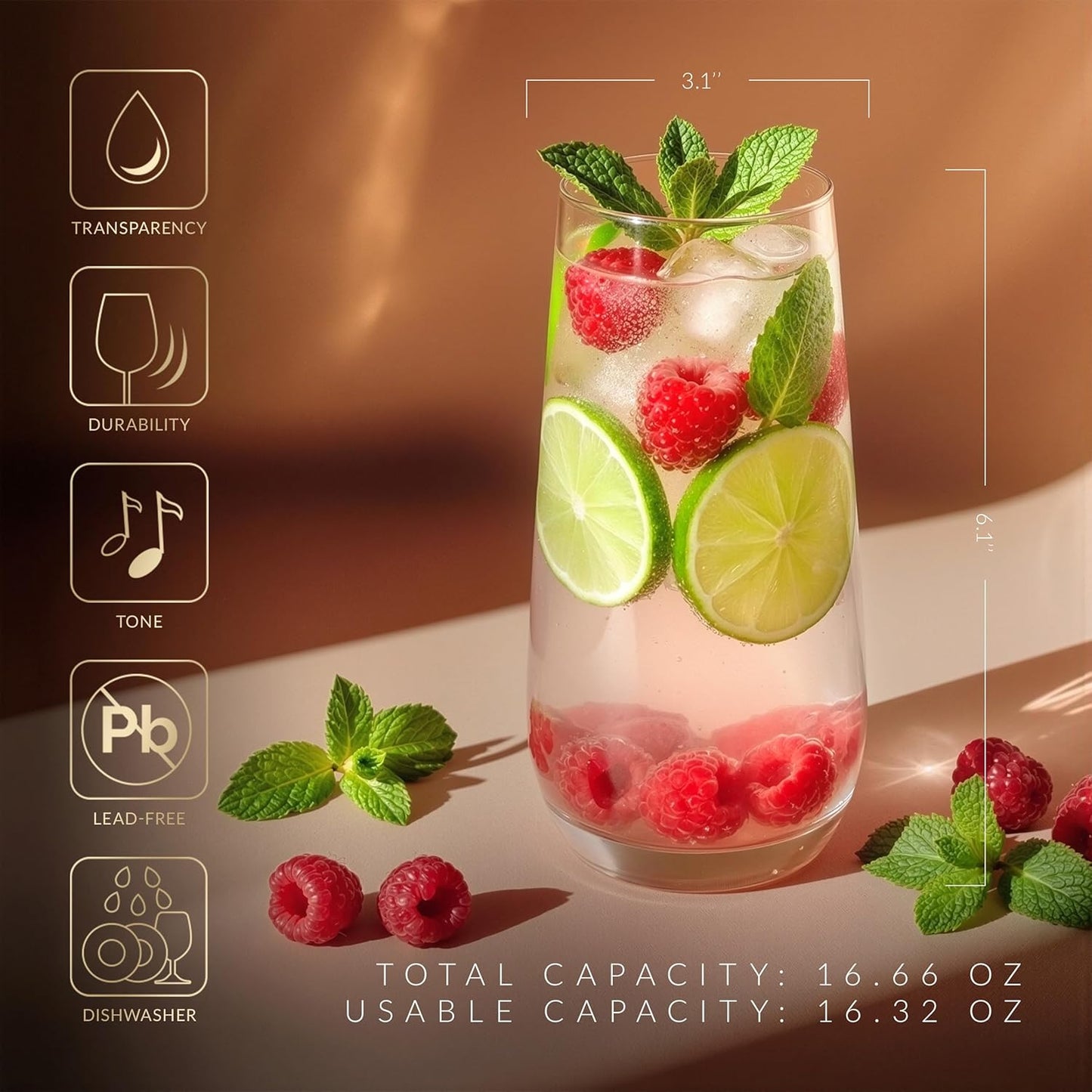 Krosno Tall Water, Juice, Drinking Glasses, Set of 6, 16.2 oz, Splendour Collection, Highball & Tumbler Crystal Glass, Dishwasher Safe, Made in Europe