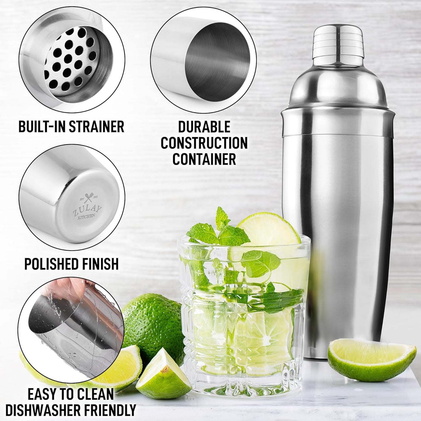Zulay Cocktail Shaker (24oz) 18/8 Stainless Steel Martini Shaker with Built-in Strainer - Professional Grade Drink Shaker and Strainer for Bartending & Homebars (Silver)