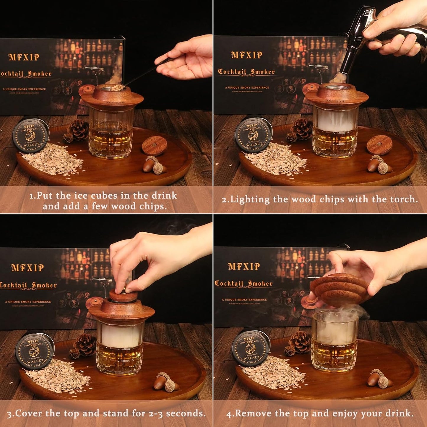 Cocktail Smoker Kit with Torch, Whiskey Smoker Kit, Old Fashioned Drink Smoker Kit – 4 Flavors Wood Chips, Whiskey Smoker Infuser Kit - Bourbon Gifts for Men, Dad (No Butane)