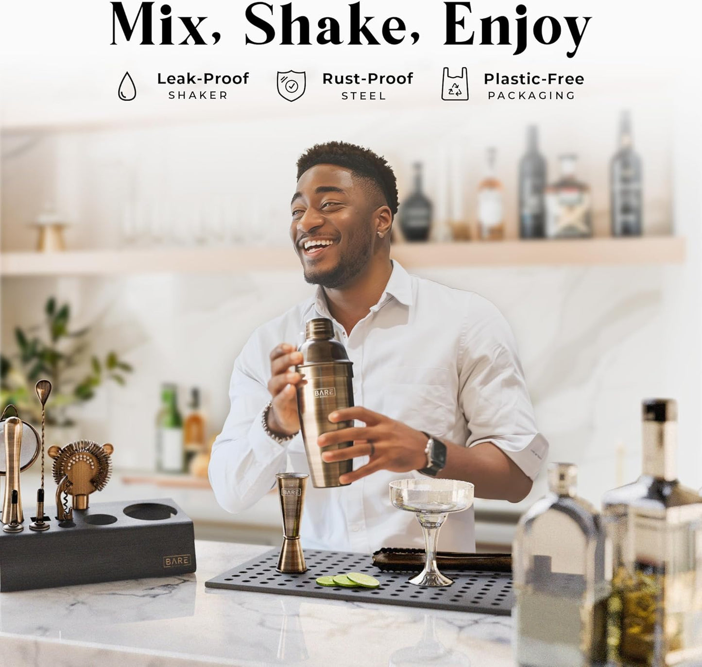 BARE BARREL® Mixology Bartender Kit Bar Set | 14-Piece Cocktail Shaker Set | Martini Barware Mixing Tools for Home Bartending | Incl. 35 Recipe Cards | Gift Set (24oz Cobbler Shaker, Brass/Black)