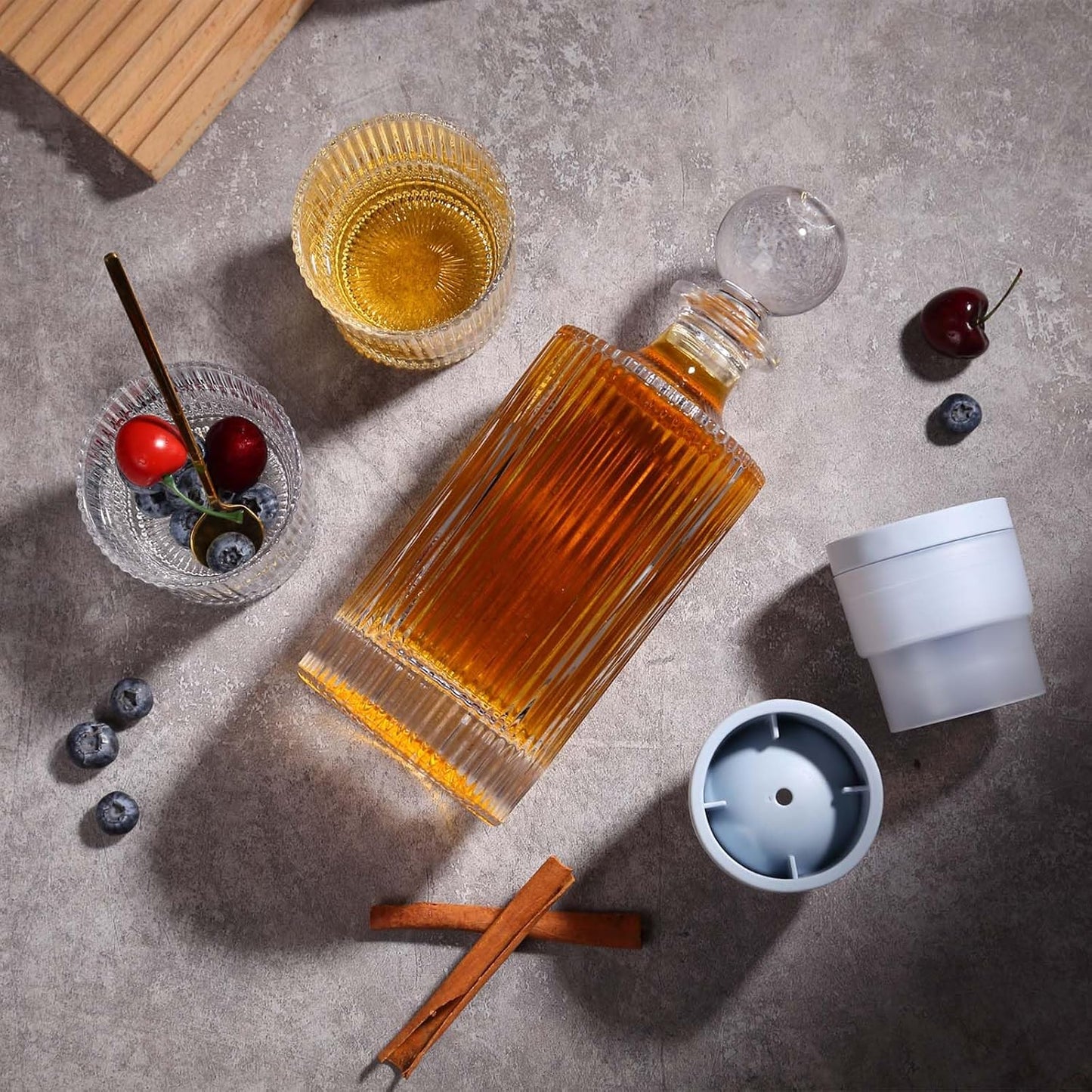Whiskey Decanter Set with Gift Box - Includes 2 Crystal Bourbon Glasses and 2 Big Ice Ball Molds - Whiskey Glasses Set for Scotch, Cocktails, Rum, Cognac, Vodka - Unique Gift for Men