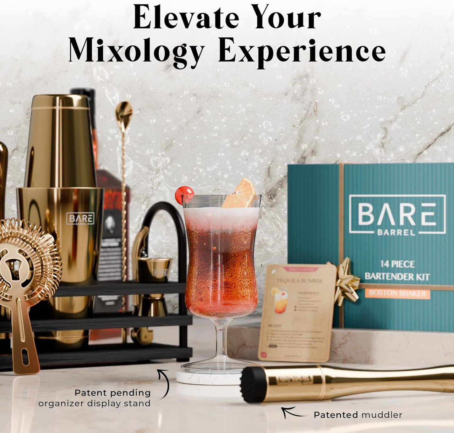 BARE BARREL® Mixology Bartender Kit Bar Set | 14-Piece Cocktail Shaker Set | Martini Barware Mixing Tools for Home Bartending | 35 Recipe Cards | Gift Set (28oz Boston Shaker, Gold/Black)