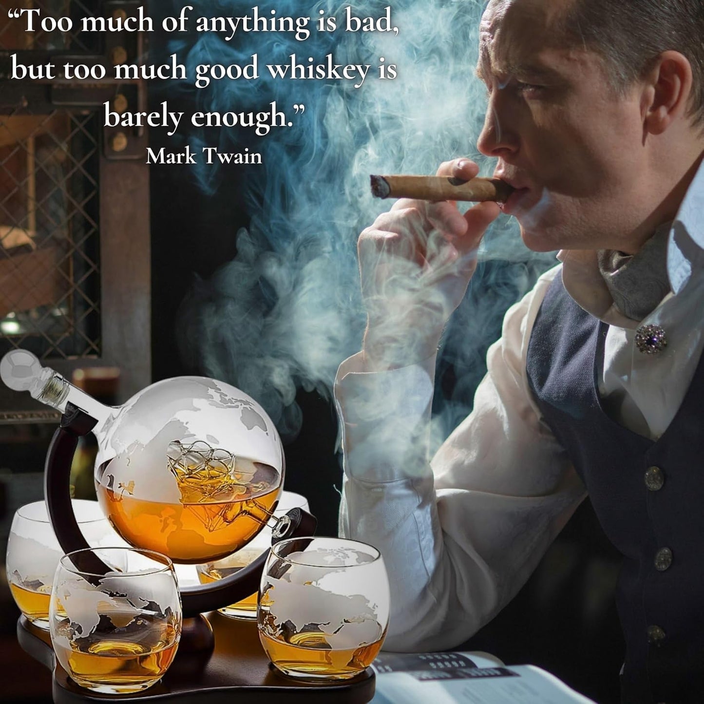 Whiskey Decanter Globe Set with 4 Etched Globe Whisky Glasses Gifts For Men Dad, Husband, Mancave - for Liquor, Bourbon, Scotch, Vodka - 850ml