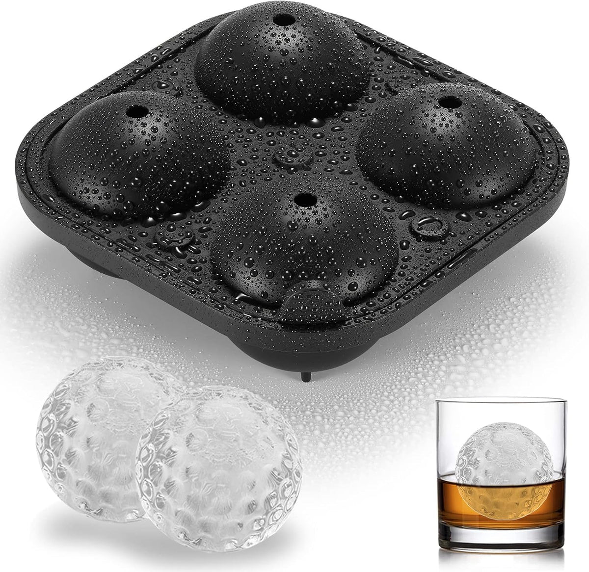 ACOOKEE Novelty Golf Gifts Ball Ice Maker Mold, 2.5" Large Sphere Round Ice Cube Mold for Cocktails, Whiskey, Bourbon Chilling, 4 Hole Fun Shapes Big Silicone Circle Ice Cube Trays w/Funnel - Golf Black