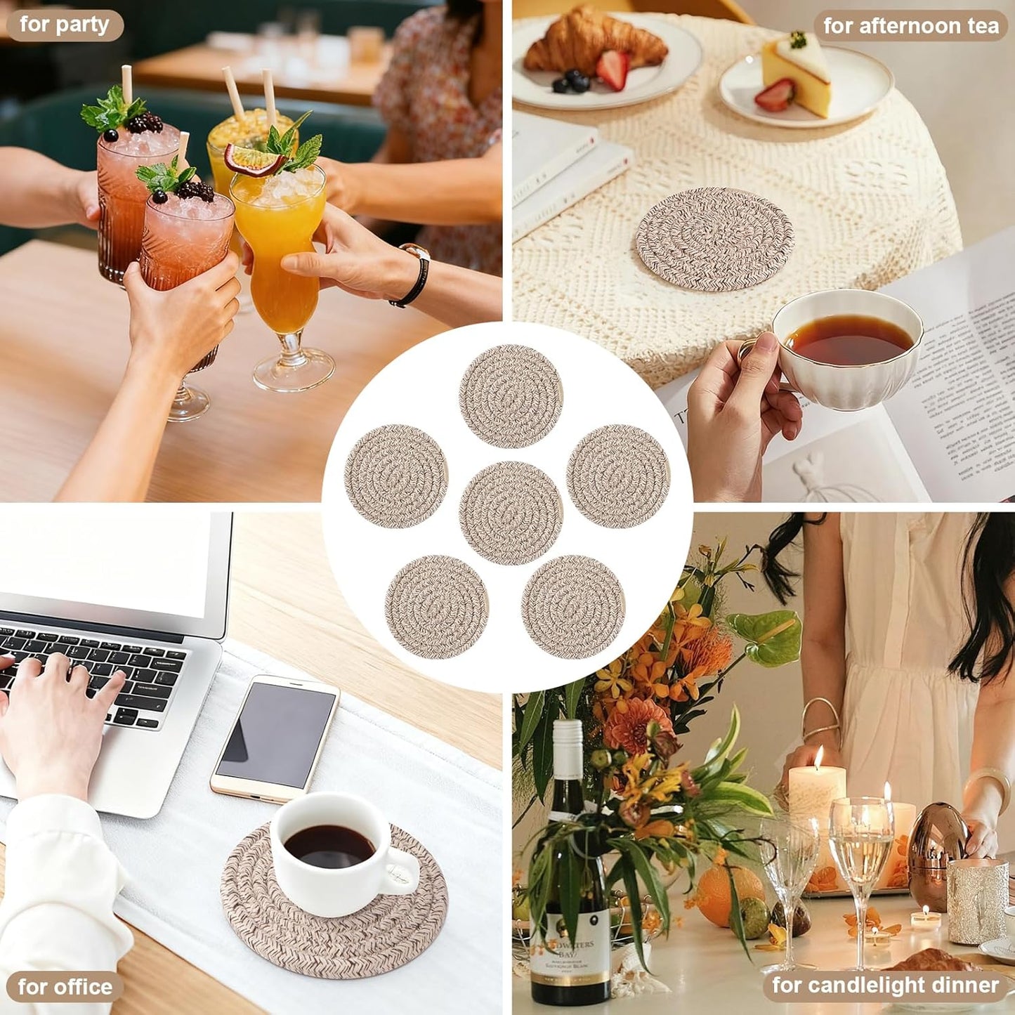 OIAHOMY 10 Pcs Drink Coasters with Holder, Boho Cotton Woven Coaster Set, Absorbent Coaster Protection for Various Cups, Ideal for Coffee Tables Home Decor and Gift, 4.3 Inches,Mixed Brown