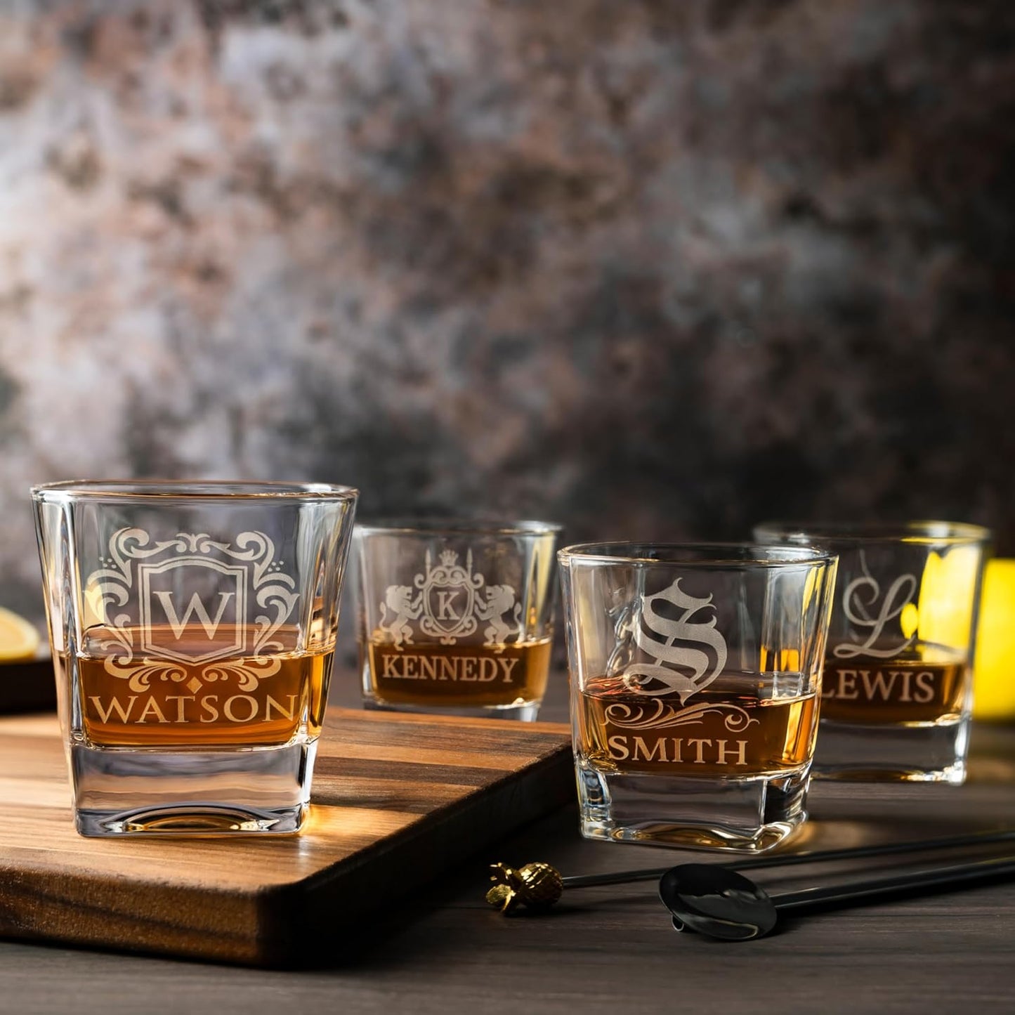 Amazing Items Set of 4 - Whiskey Gifts for Men, Personalized Whiskey Glasses w/Name & Initial - 9 Designs - 9 oz, Limited Edition Monogrammed Rocks Glasses, Dad Gifts