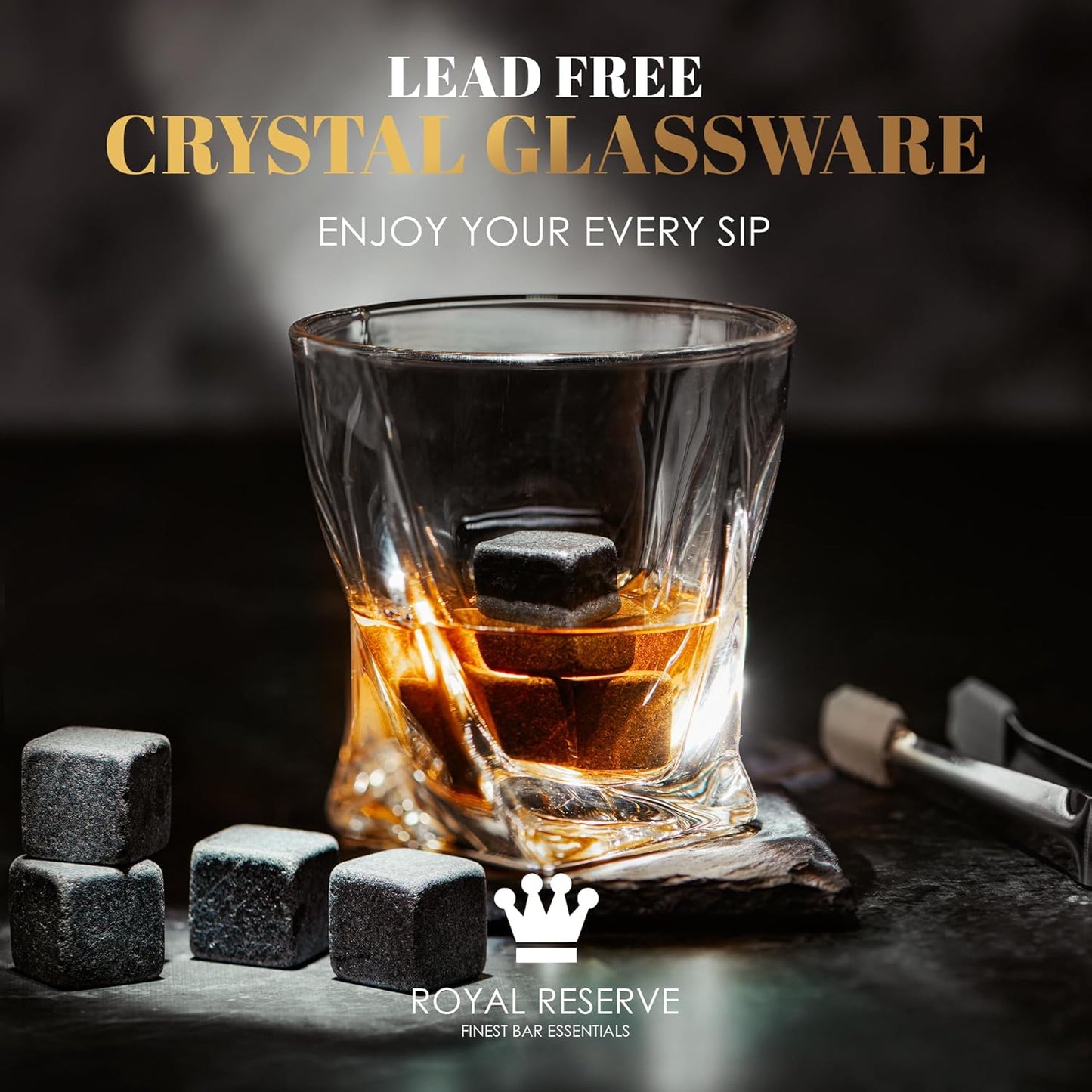 Royal Reserve Whiskey Glasses Set - 2 Crystal Bourbon Glasses with Chilling Stones & Coasters – for Scotch Cocktail Rum Vodka Liquor - Whiskey Gift for Men Dad Boss Boyfriend Anniversary & Birthday