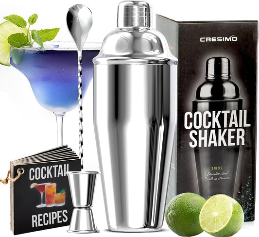 Cresimo 24oz Cocktail Shaker Set with Bar Accessories for Home Bar - Martini Shaker with Jigger and Drink Mixer Spoon - Alcohol Bartender Gift - Bartending Kit Essential for Home
