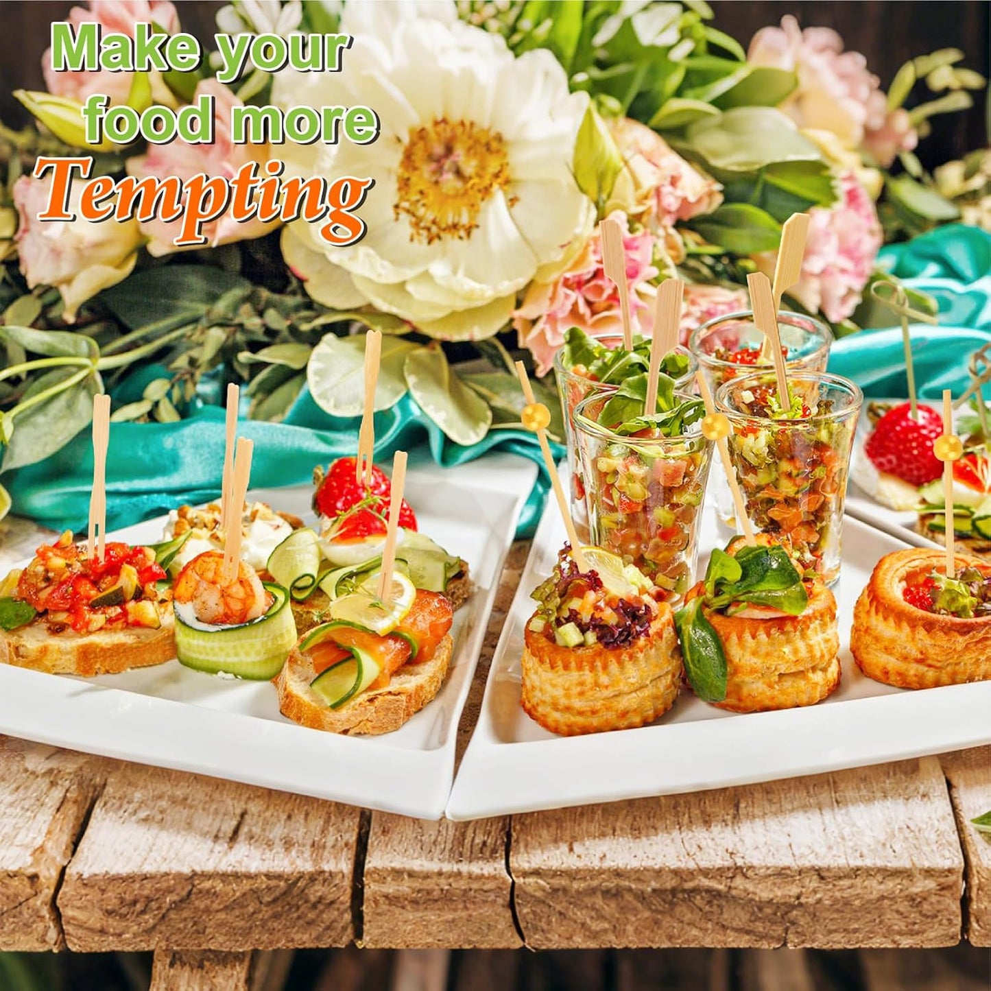 500PCS Cocktail Picks Kit, 4 Styles Fancy Toothpicks for Appetizers, 3 Sizes Long Bamboo Skewers, Decorative Wooden Cocktail Sticks for Party Supplies Food Drinks Fruit Charcuterie Boards Accessories