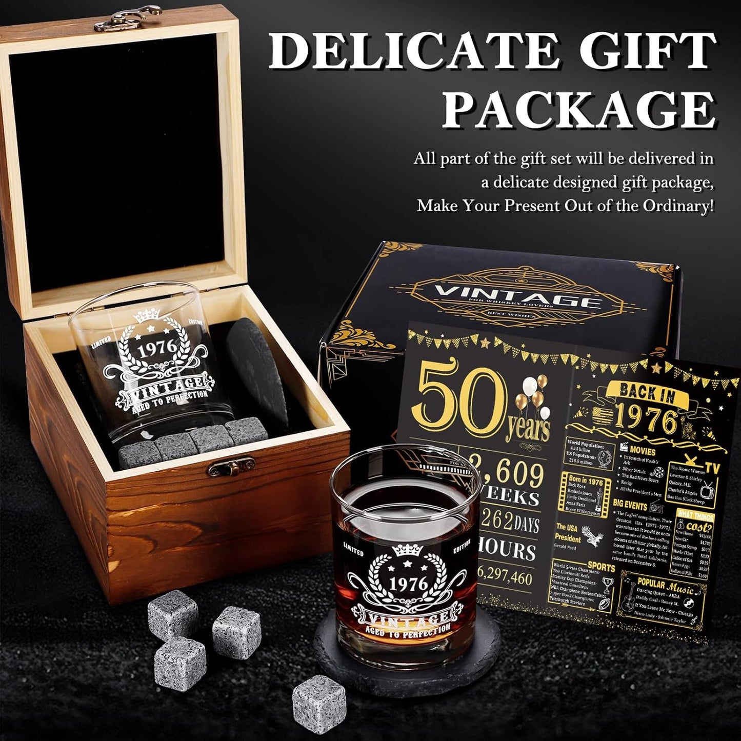 YeohJoy 50th Birthday Gifts for Men,Vintage 1976 Whiskey Glass Set,Wood Box & 1976 Poster Anniversary Card &Whiskey Coaster & Stones,Bday Gifts Ideas for Him, Dad, Husband