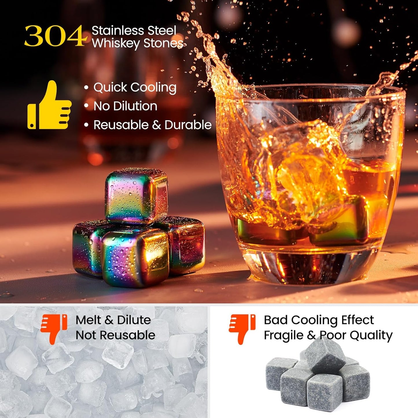 Kollea Whiskey Stones, 8 PCS Multicolor Stainless Steel Whiskey Chilling Rocks, Reusable Ice Cubes for Bottle Drinking, for Men Dad, Boyfriend, Bourbon, Cocktail Bar, Fathers, Anniversary, Christmas