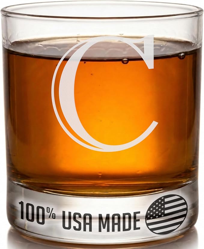 Etched Monogram 11oz Whiskey Rocks Glass (Letter J), A-Z Customized Bourbon Gifts for Men, Father’s Day, Personalized Old Fashioned Scotch Glass, Custom Engraved Gifts for Him, Initial, Name - Clear Etch C