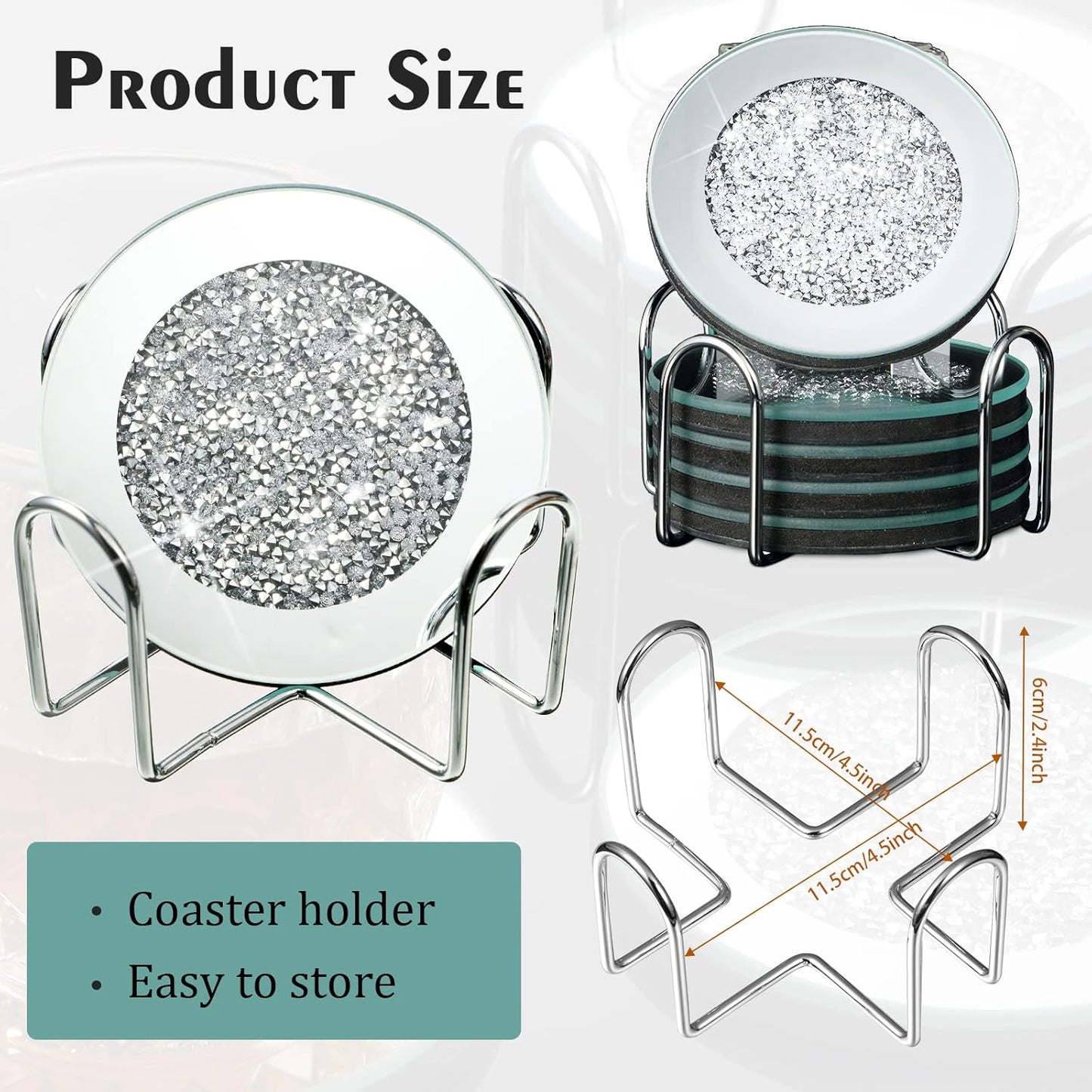 Jetec Mirrored Glass Coaster Set of 6 with 1 Holder 4" Crushed Diamond Round Cup Mat Glitter Crystal Rhinestone Glass Coaster Bling Table Decor for Bar Kitchen Gift for Christmas(Silver,4 Inch)