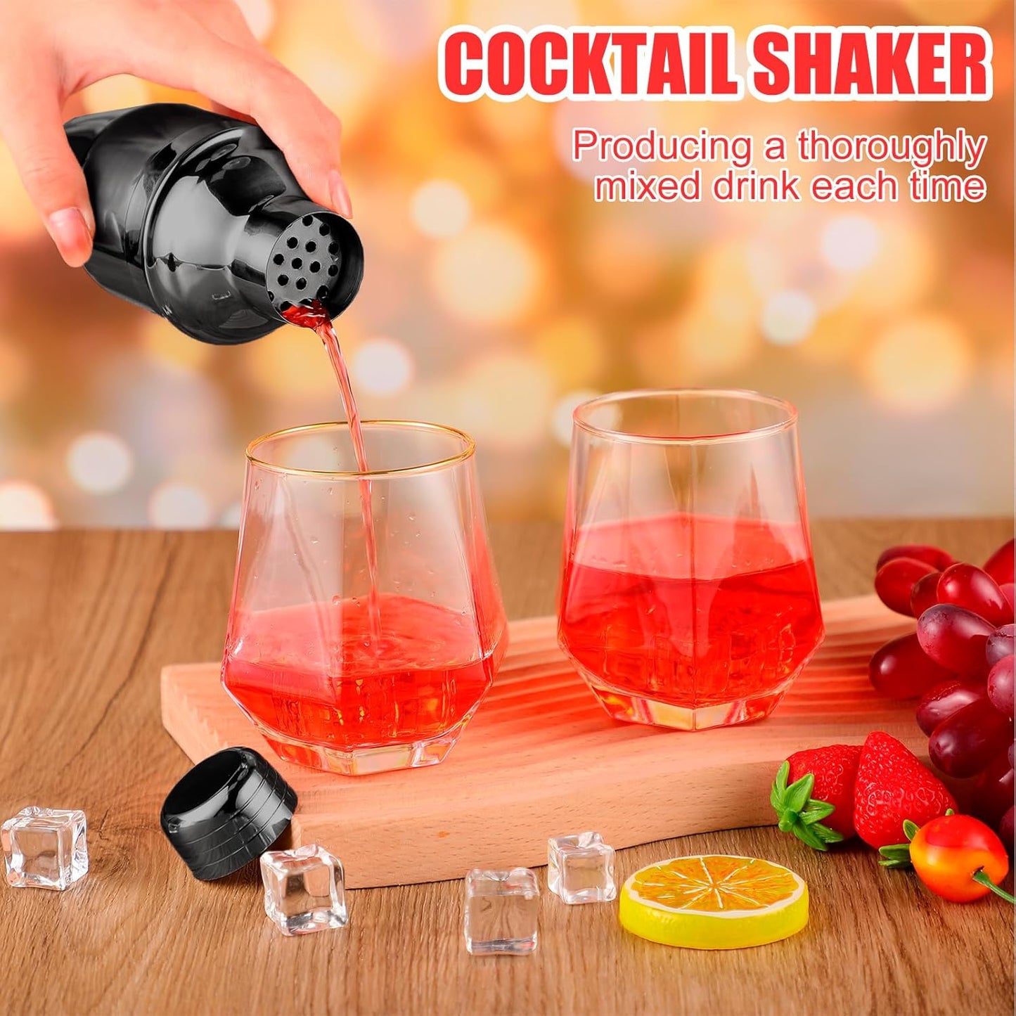 Nitial 9 Pcs Bar Cocktail Shaker Professional Stainless Steel Martini Drink Mixer Built-in Strainer for Bartending No Leaks Boston Shaker for Bar Party Drink Tool (Black,8 oz)