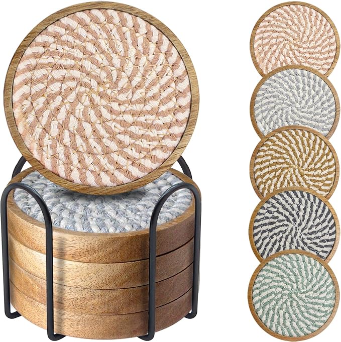 Wood Coasters for Drinks, Eykao Absorbent Coaster Sets of 5, Woven Drink Coasters for Coffee Table, Housewarming Gift for Farmhouse Home Decor,4 inches - Colorful (With Holder)