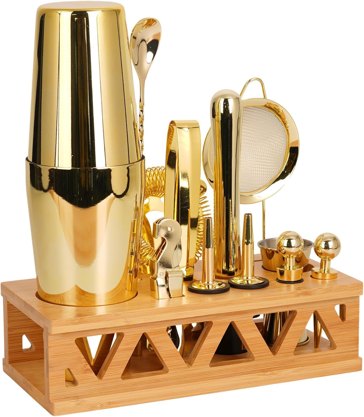 Cocktail Shaker Set Bartender Kit with Rotatble Bamboo Stand,11 Piece Bar Set Stainless Steel Bar Accessories for Drink Mixing, Bar, Home, Party (Frosted Black) - 13 Piece-Boston Gold