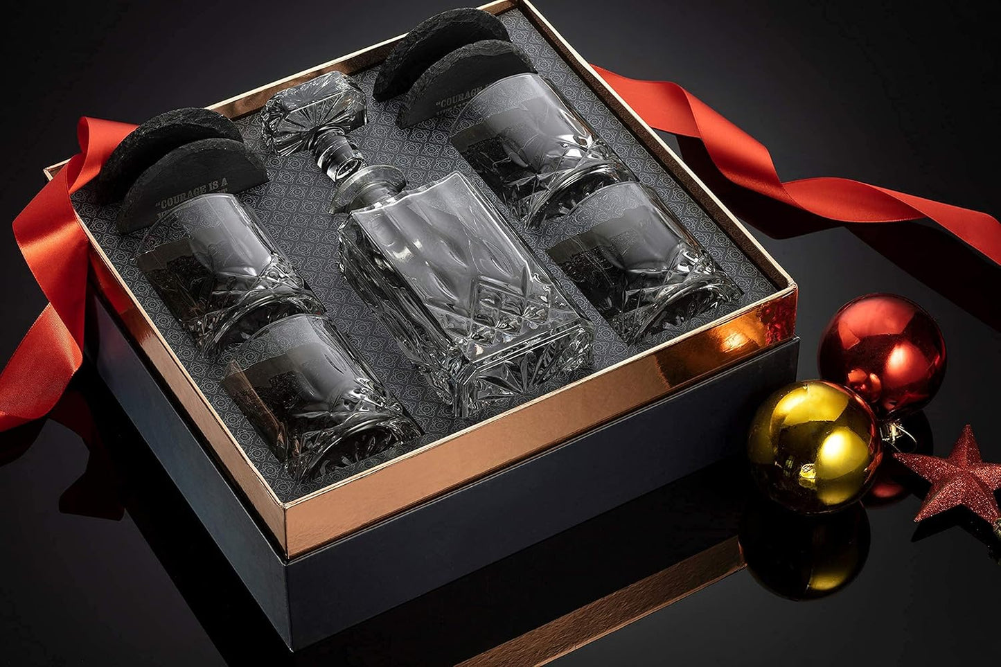 Mixology & Craft Luxury Whiskey Decanter Gift Set - 25oz Crystal Decanter, 4 Old-Fashioned Glasses, 4 Slate Coasters with Diamond Pattern Premium Black Gift Box