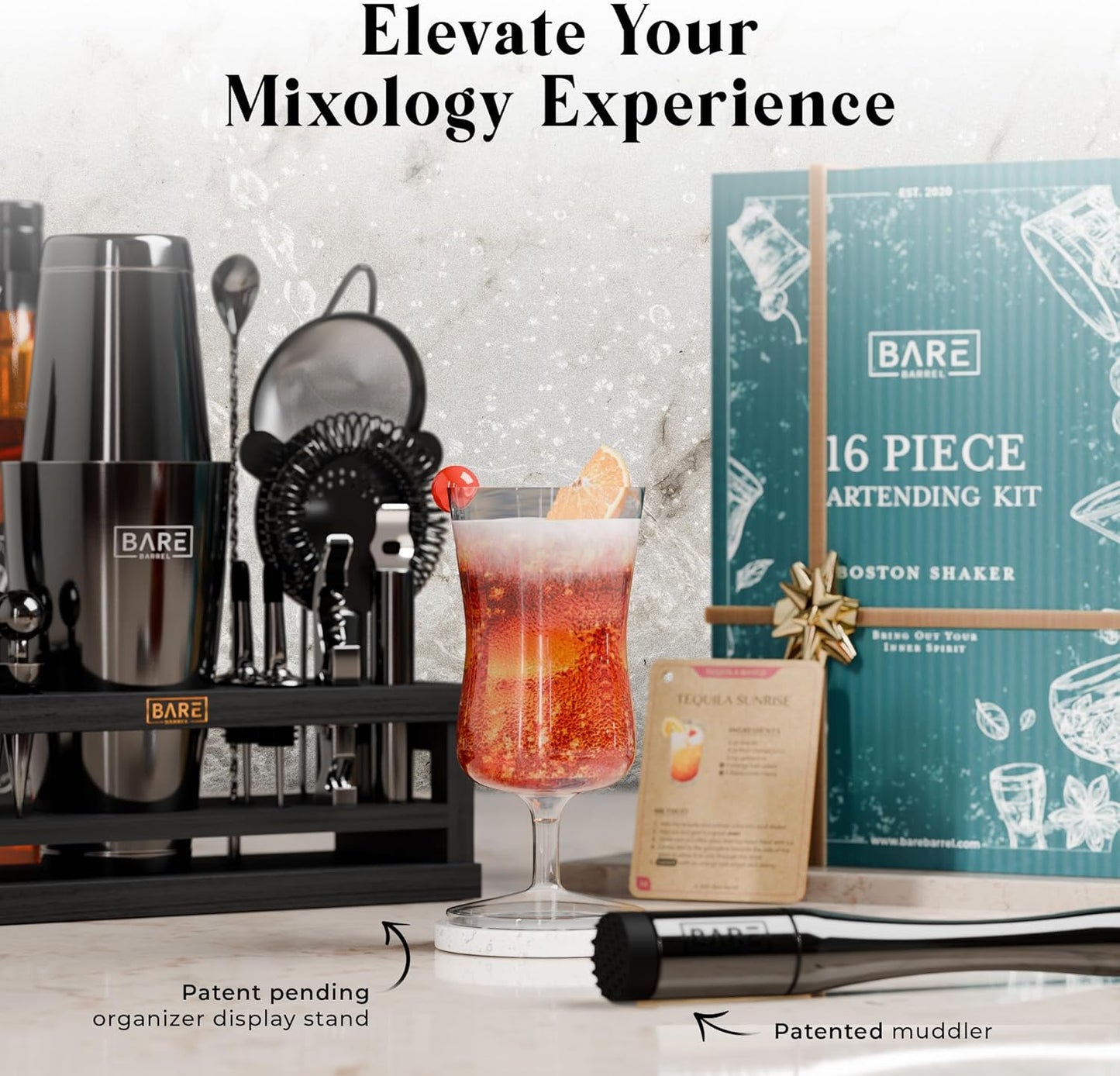 BARE BARREL® Mixology Bartender Kit Bar Set | 16-Piece Cocktail Shaker Set | Martini Barware Mixing Tools for Home Bartending | Incl. 35 Recipe Cards | Gift Set (28oz Boston Shaker, Jet Black/Black)