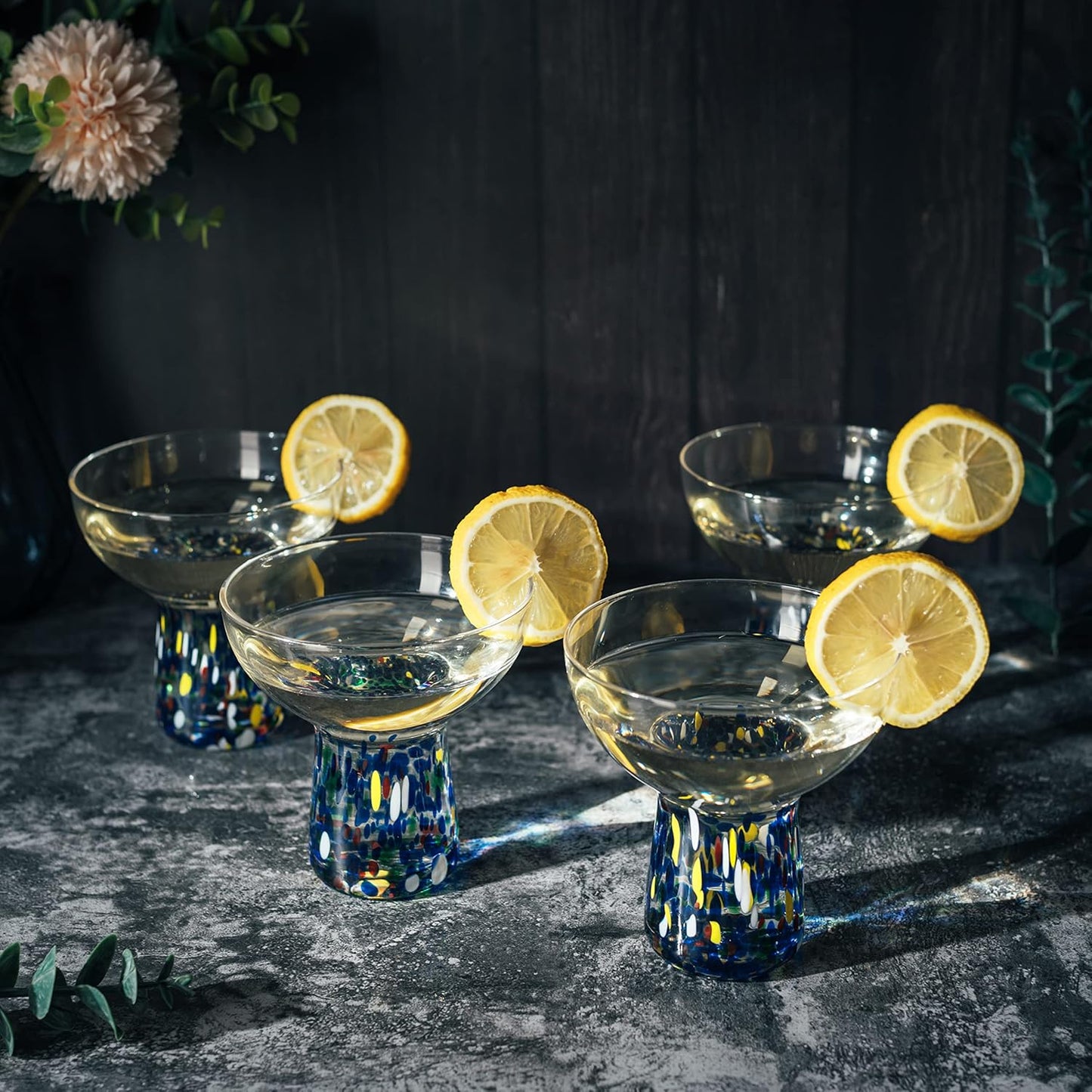 Stemless Margarita Glasses – Set of 4-6oz Luxury Hand Blown Confetti Margaritas, Martini, Cocktails, Water, Wine, Dessert & Champagne Glassware Cinco de Mayo, Hand Blown - Mexican Confetti Glass