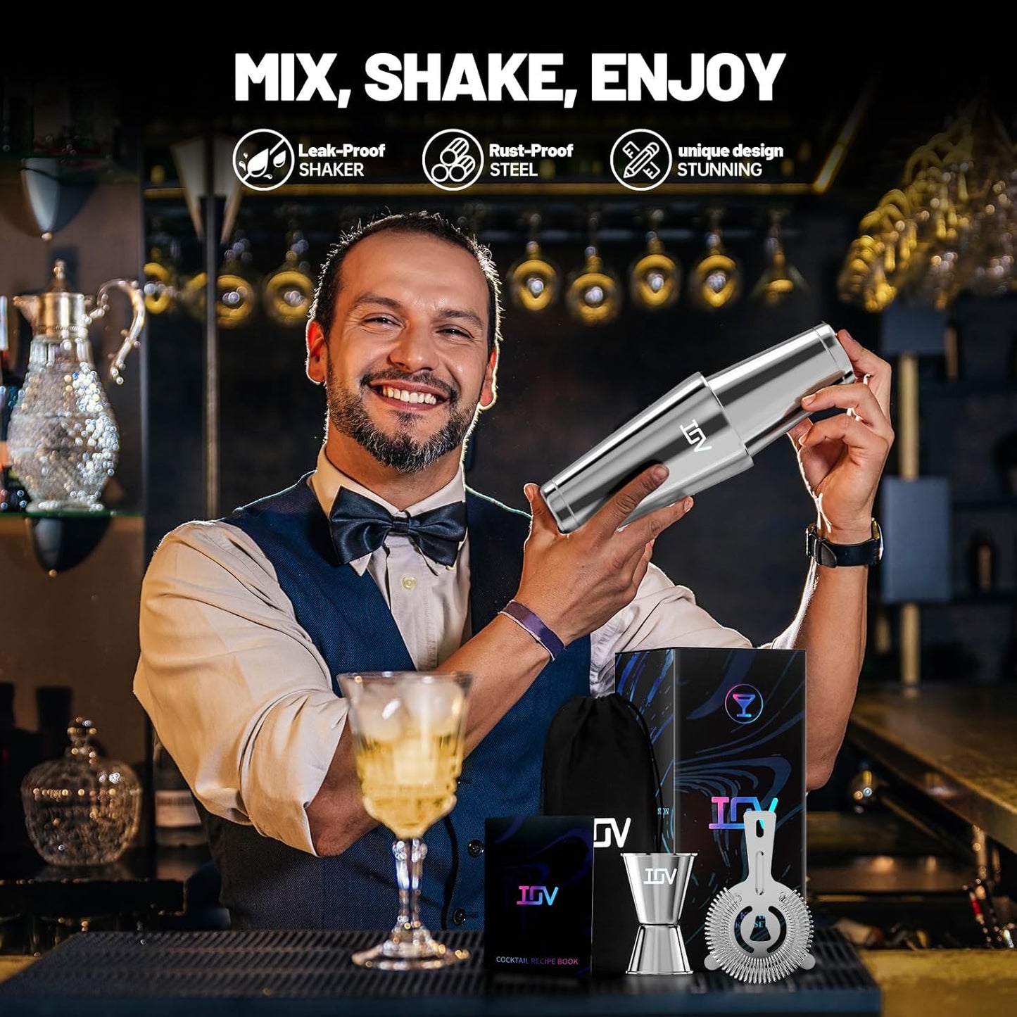 IOV Boston Cocktail Shaker Bar Set, Bartender Kit Drink Mixer Set with 18 oz & 28 oz Boston Shakers, Hawthorne Strainer, Double Jigger, Bar Tool Kit and Recipe Booklet - Silver