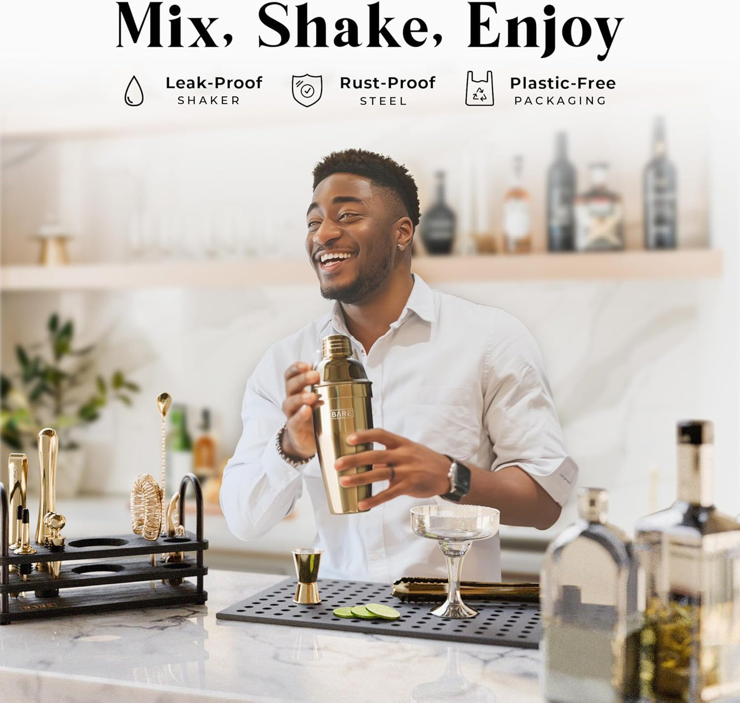 BARE BARREL® Mixology Bartender Kit Bar Set | 14-Piece Cocktail Shaker Set | Martini Barware Mixing Tools for Home Bartending | 35 Recipe Cards | Gift Set (24oz Cobbler Shaker, Gold/Black)