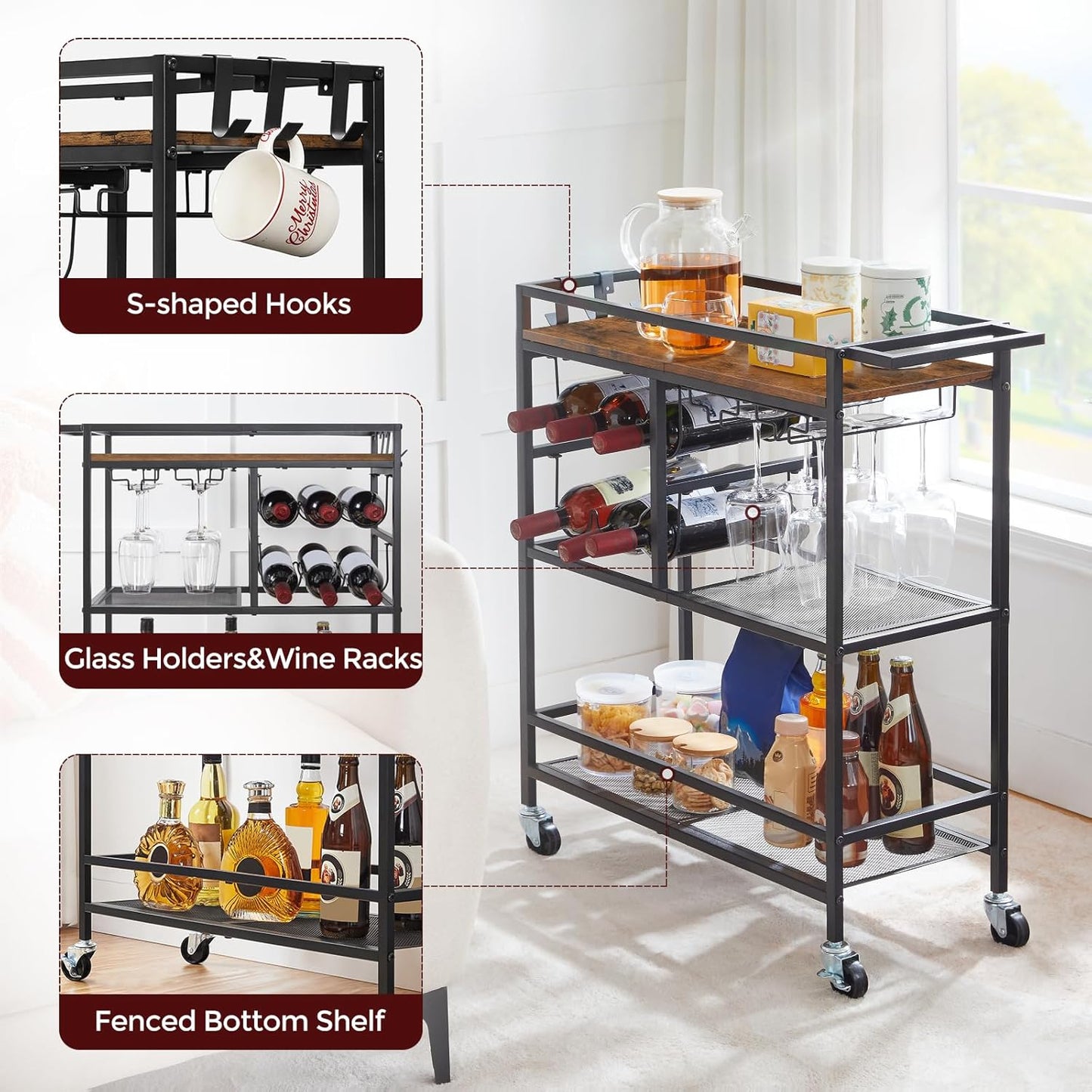 MAHANCRIS Bar Cart for Home, 3-Tier Serving Cart with Wheels and Handle, Beverage Cart with Wine Rack and Glass Holders, Rolling Wine Cart for Kitchen, Dining Room, Rustic Brown RCHR6101