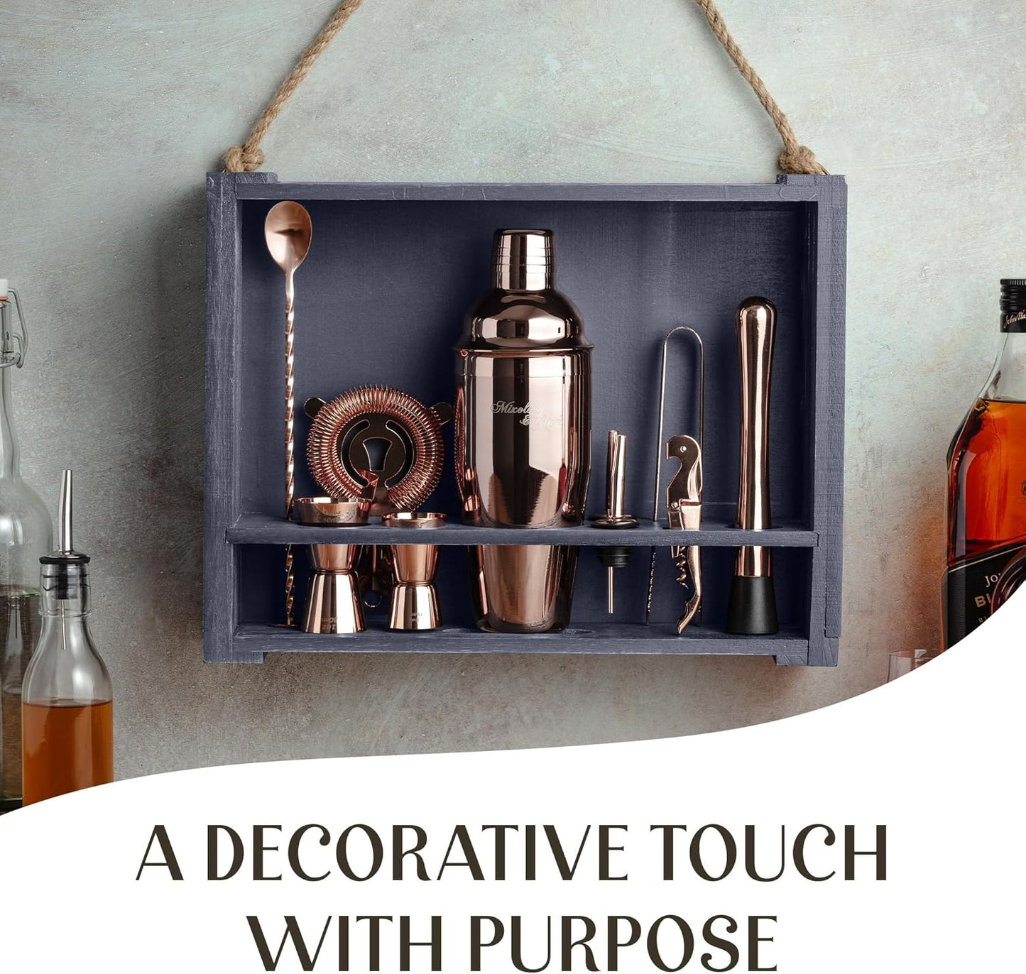 Mixology & Craft Rustic Cocktail Shaker Set – Includes Wood Stand, Complete Barware Kit with 24 Oz Shaker, Dual Jiggers, Pourers, Muddler, Strainer – Perfect for Home Bartenders (Copper)