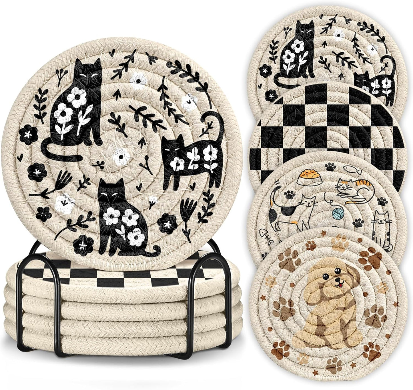 Drink Coasters Set of 4 - Cute Absorbent Cup Coasters for Drinks Coffee Table Office Home Desk Decor Soft Woven Cotton Cloth Braided Fabric Drinking Cup Mat with Holder Kawaii Cat Dog Animals