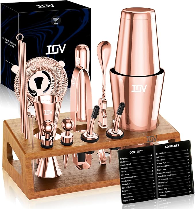 IOV Cocktail Shaker Set Bartender Kit with Stand | Bar Set Drink Mixer Set Includes Martini Shaker, Jigger, Strainer, Mixing Spoon, Muddler, Recipe Book | Home Bar Accessories Gift Set (Silver) - Boston Shaker Set-rose Gold