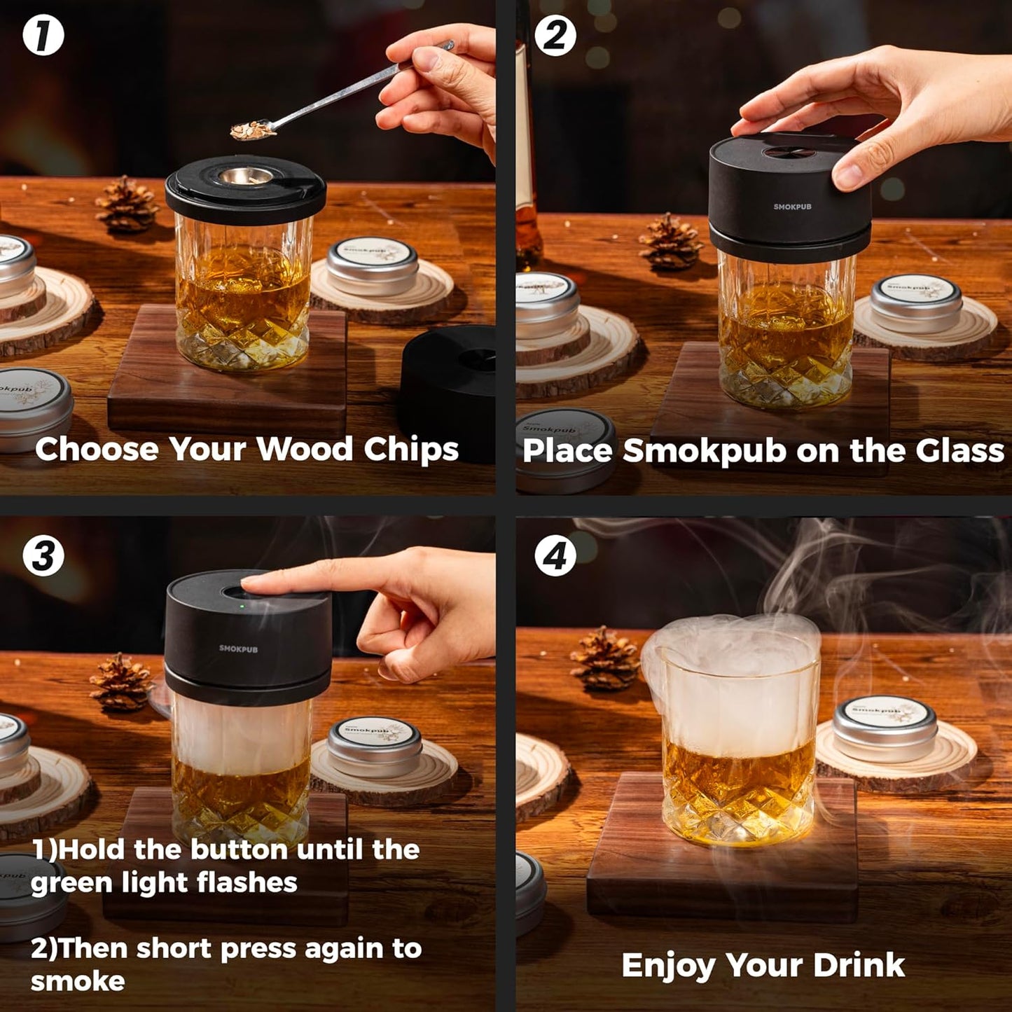 SMOKPUB Electric Whiskey Smoker Kit, Rechargeable Cocktail Smoker with 6 Wood Chips, Flameless Heating System, Old Fashioned Drink Smoker Kit, Bourbon Whiskey Gifts for Men,Dad,Husband