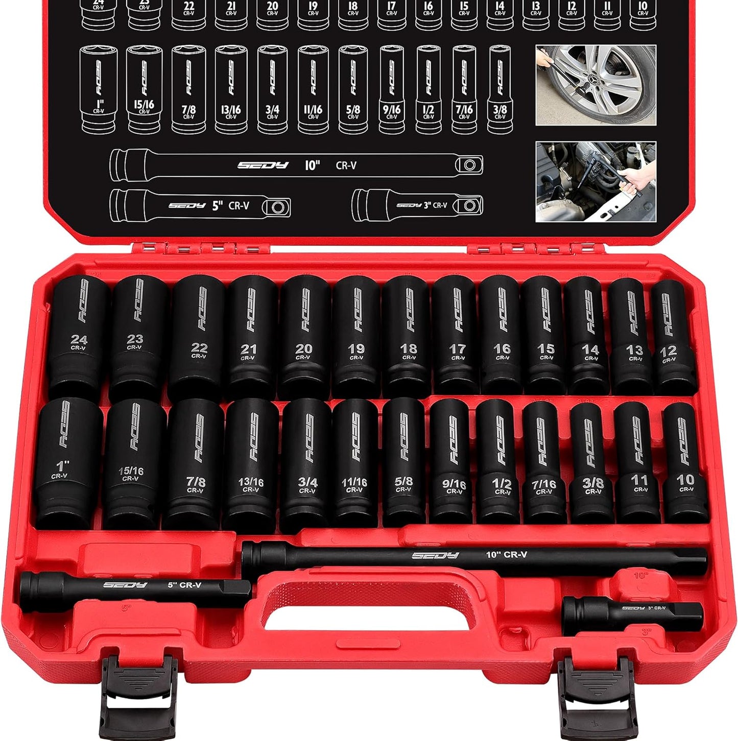 29-Piece 1/2" Drive Impact Socket Set, SAE (3/8 to 1 inch) and Metric (10-24mm) Sizes with Extension Bars Standard Deep Socket Set CR-V Material High Durability Impact Wrench