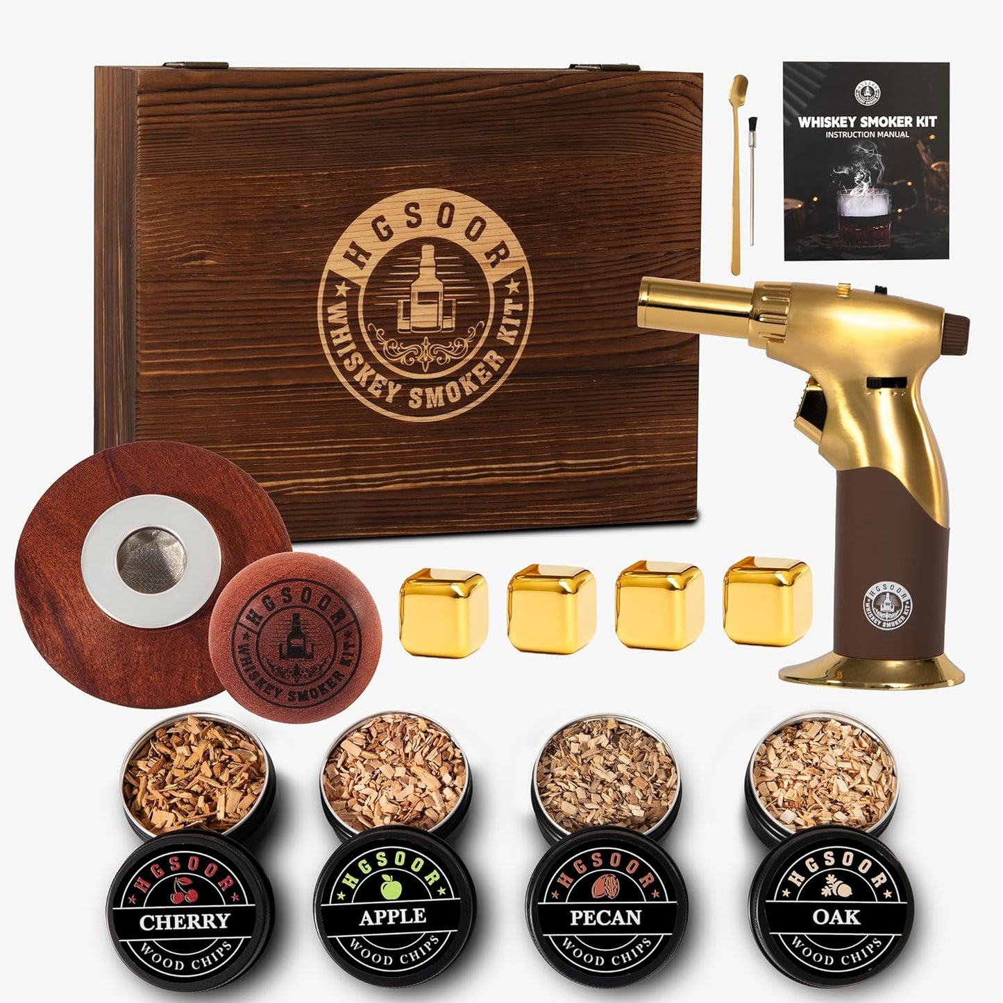Whiskey Smoker Kit - Old Fashioned Drink Smoker Kit - Cocktail Smoker Kit with Torch, 4 Flavors Wood Chips&Whisky Stones, Bourbon Smoker Kit, Bourbon Whiskey Gifts for Men,Dad (No Butane)
