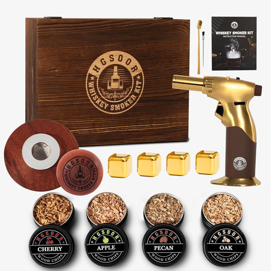 Whiskey Smoker Kit - Old Fashioned Drink Smoker Kit - Cocktail Smoker Kit with Torch, 4 Flavors Wood Chips&Whisky Stones, Bourbon Smoker Kit, Bourbon Whiskey Gifts for Men,Dad (No Butane)