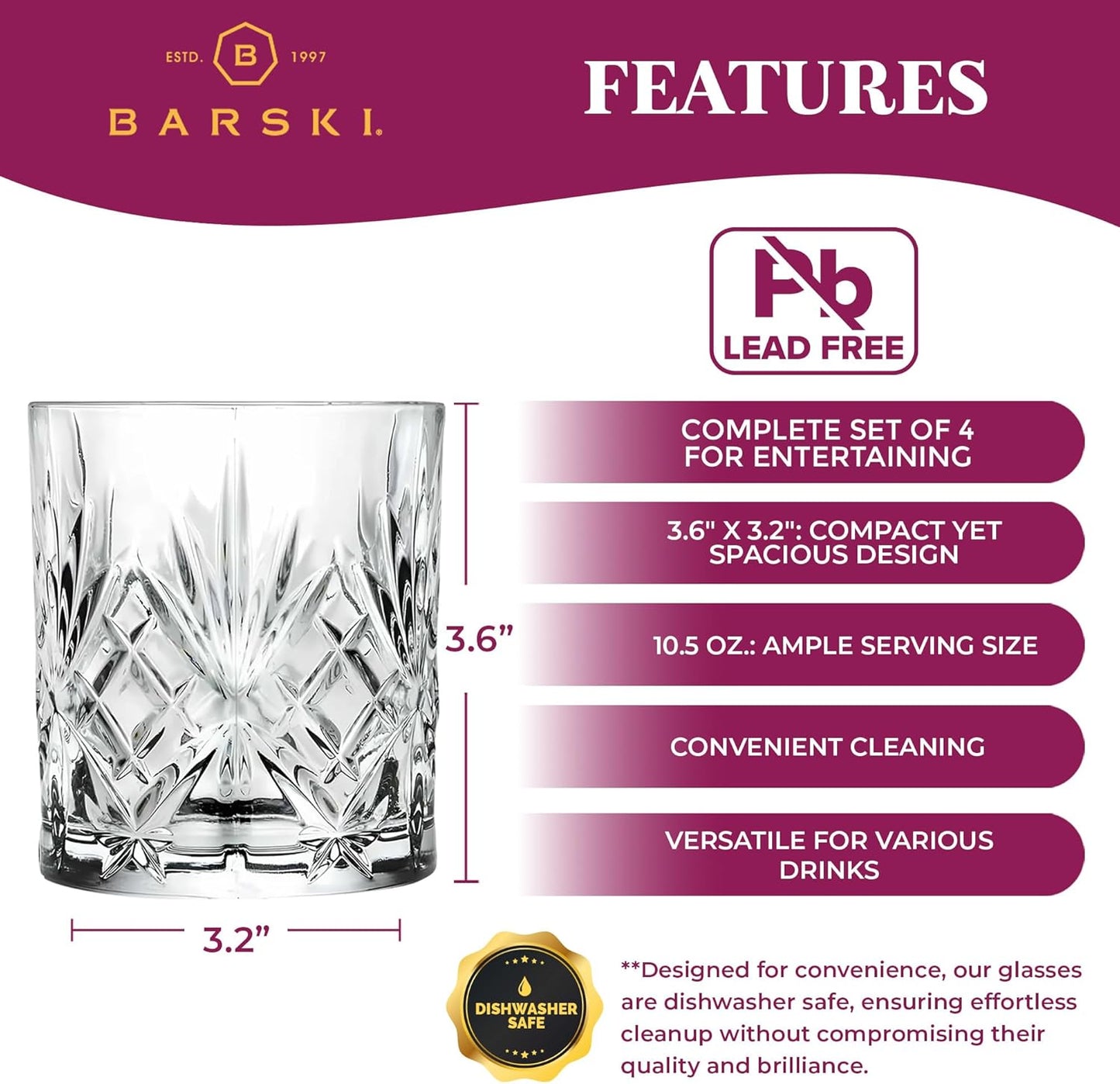 Barski Whiskey Glasses - Double Old Fashioned Rocks Glass - Set of 4 Lowball Tumbler - DOF Crystal Glass Tumblers - For Scotch - Bourbon - Water - Beverage - Drinking Glasses - 10.5 oz, Made in Europe