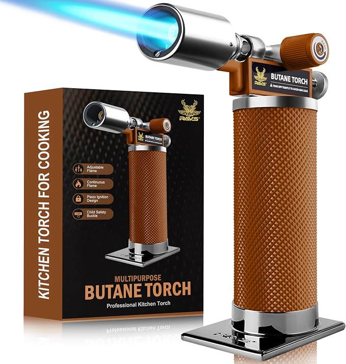 RAVS Butane Torch Lighter, Premium Metal Kitchen Torch, Black - Hazelnut Brown
