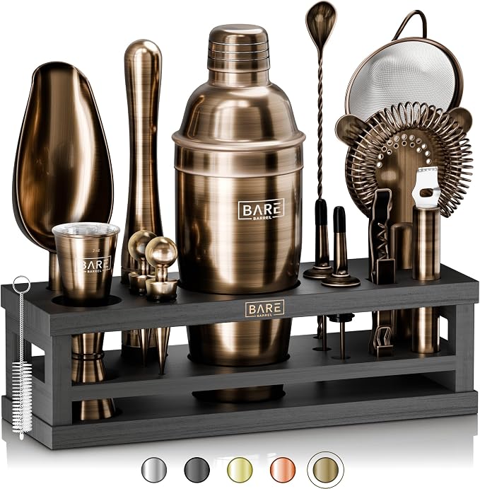 BARE BARREL® Mixology Bartender Kit Bar Set | 16-Piece Cocktail Shaker Set | Martini Barware Mixing Tools for Home Bartending | Incl. 35 Recipe Cards | Gift Set (24oz Cobbler Shaker, Silver/Natural) - Brass/Black
