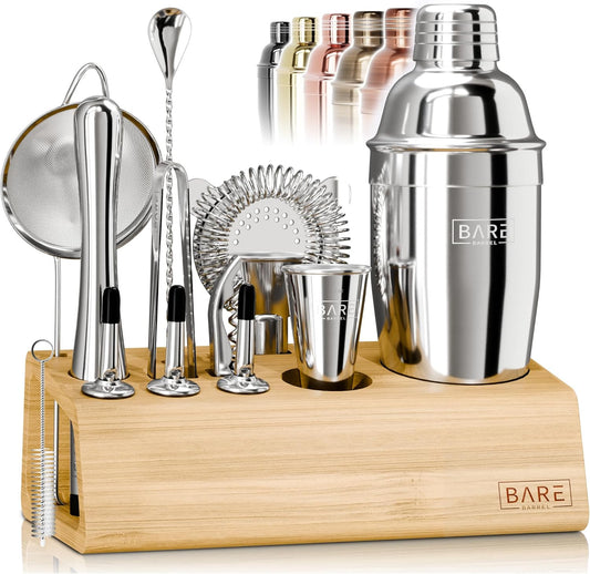 BARE BARREL® Mixology Bartender Kit Bar Set | 14-Piece Cocktail Shaker Set | Martini Barware Mixing Tools for Home Bartending | Incl. 35 Recipe Cards | Gift Set (24oz Cobbler Shaker, Silver/Natural) - Silver/Natural