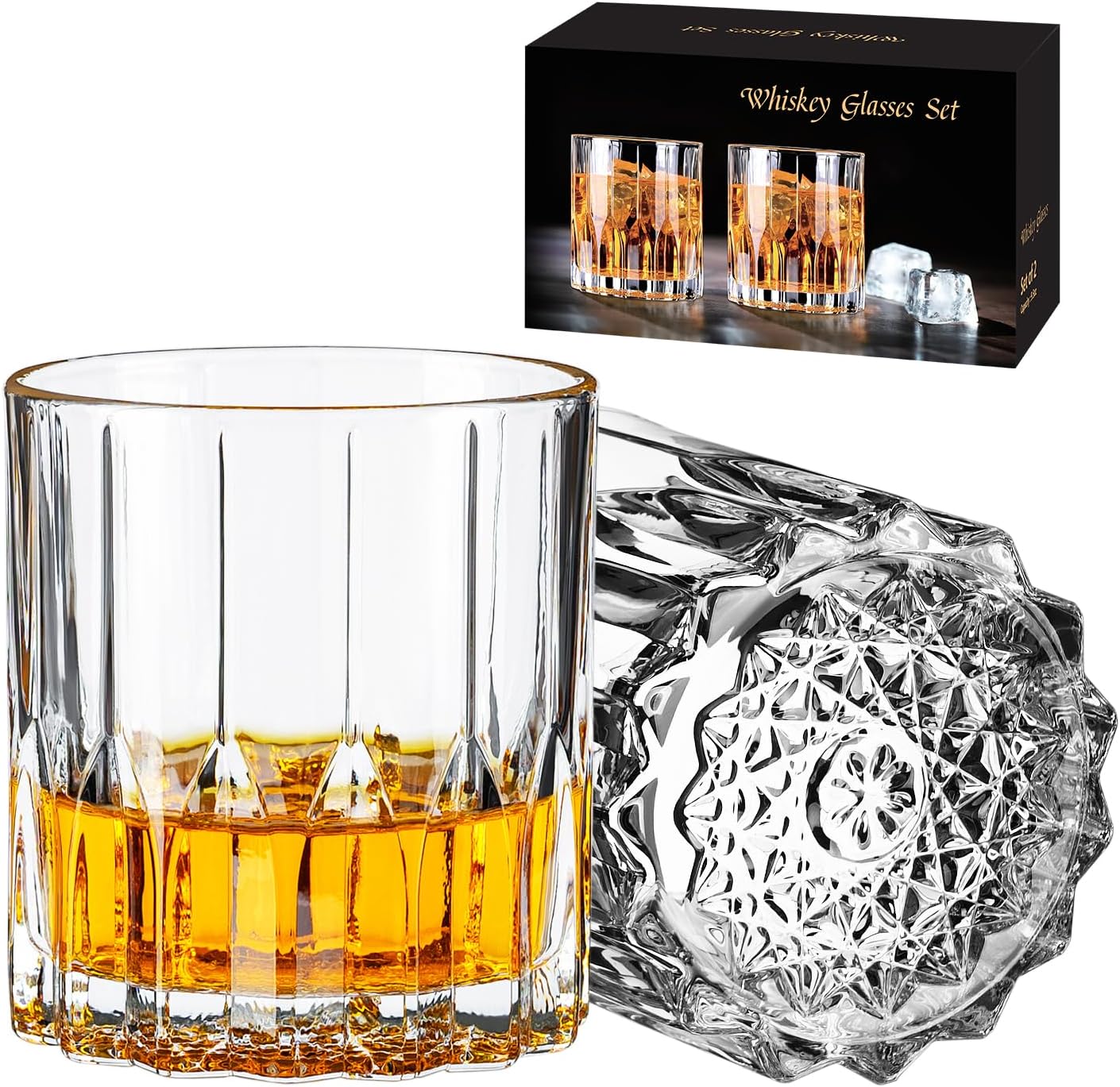 Whiskey Glasses, Bourbon Glass 11 oz, Whiskey Glasses Set of 2, Old Fashioned Glasses, Whisky Glass Sets, Rocks Glasses for Bourbon, Scotch, Cognac, Cocktails Dishwasher Safe Christmas