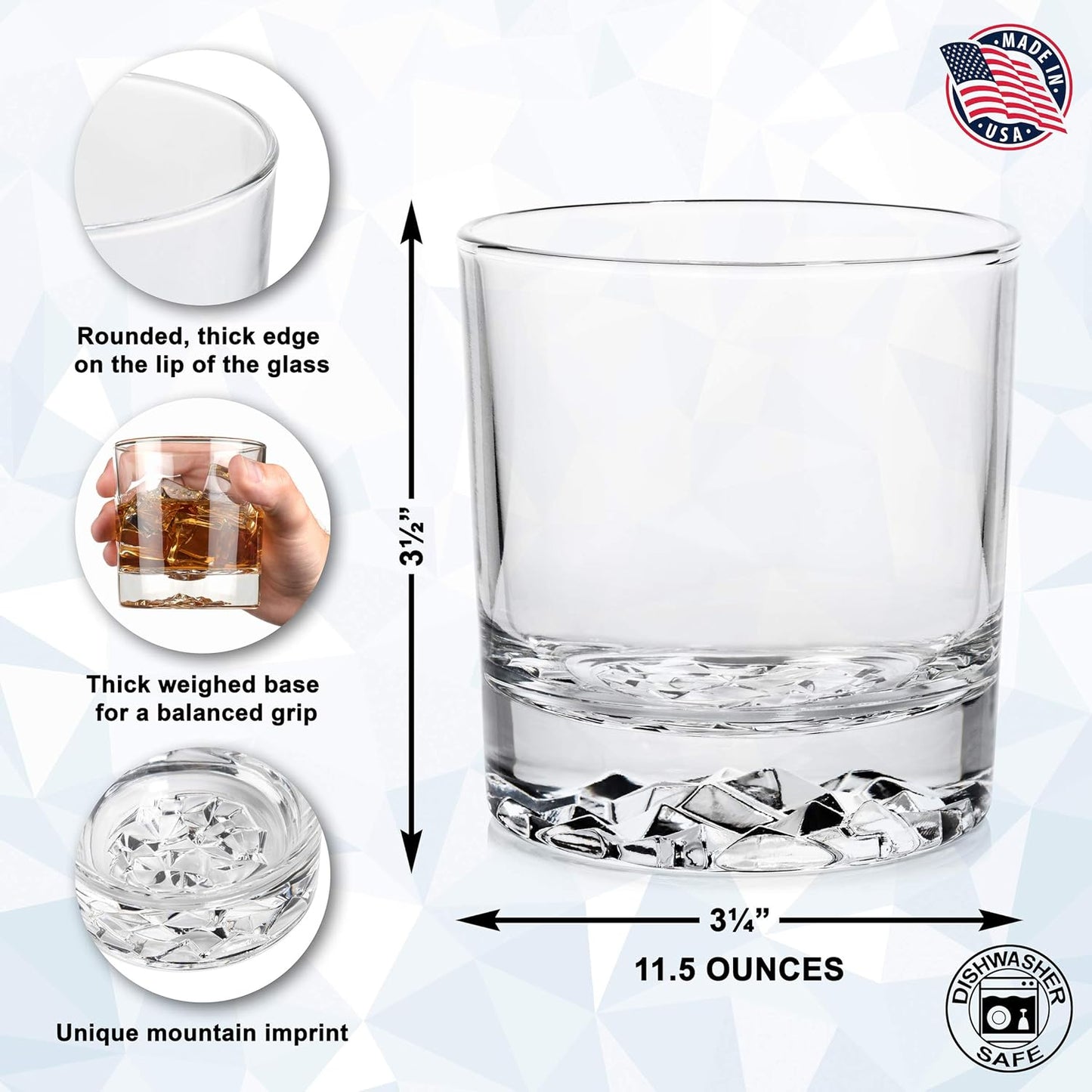 Whiskey Glass Set of 4 with Brilliant Mountain Imprint. Perfect for Whiskey, Bourbon, Scotch and Cocktails. Classic Design with a Modern Touch. Best Large 11.5 Ounce Premium Tumblers.
