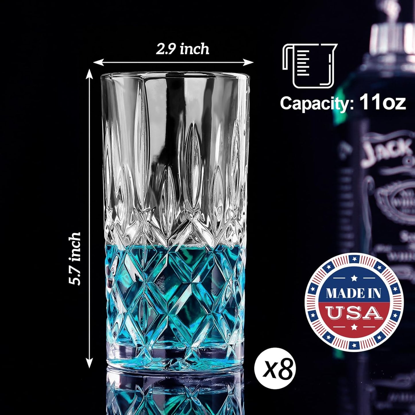 Crystal Highball Glasses, Set of 8 Glass Drinking Glasses, 11 oz Durable Drinkware Cups for Cocktails, Water, Juice, Beer, Wine-Special Edition Glassware Set, Dishware, Dishwasher Safe