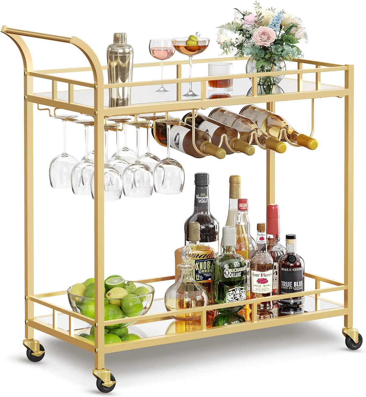 VASAGLE Bar Cart with 2 Mirrored Shelves, Wine Holders, Glass Holders - Gold / 33.9"W