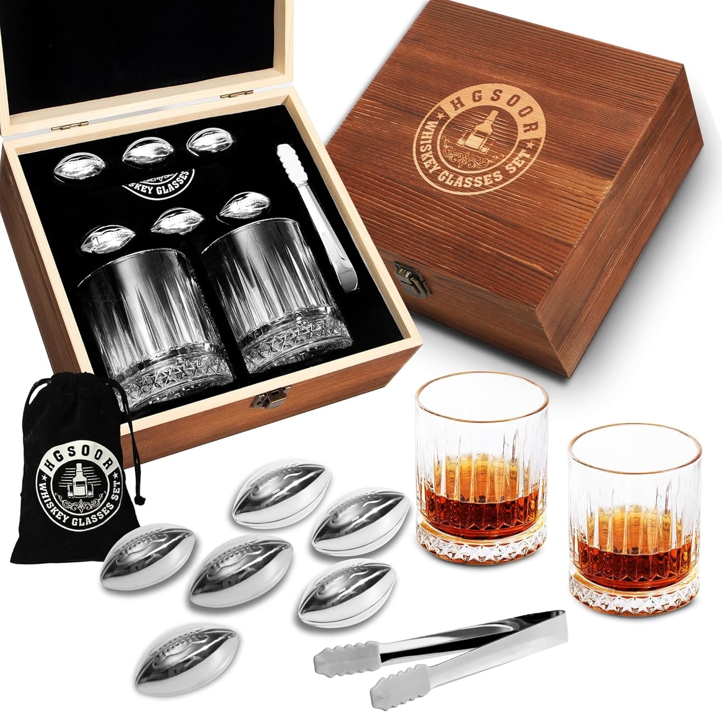 Whiskey Glasses Gift Set – 2 Old Fashioned Glasses with 6 Stainless Steel Football Whiskey Stones, Premium Barware Set, Unique Gift Ideas for Men Him Dad Husband Sports Fan