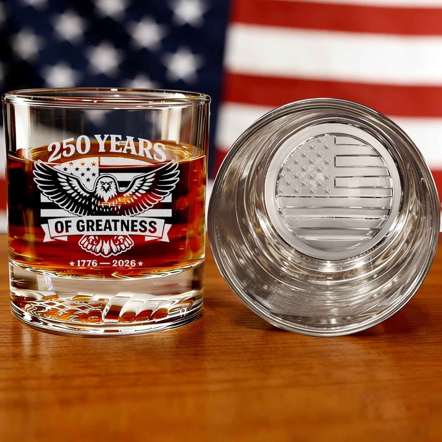United States 250th Anniversary Whiskey Glass with American Eagle - Laser Engraved Bourbon Glass, Patriotic Gift, Whiskey for Dad, Men, Veteran - America 250 Merchandise, USA Flag Icon